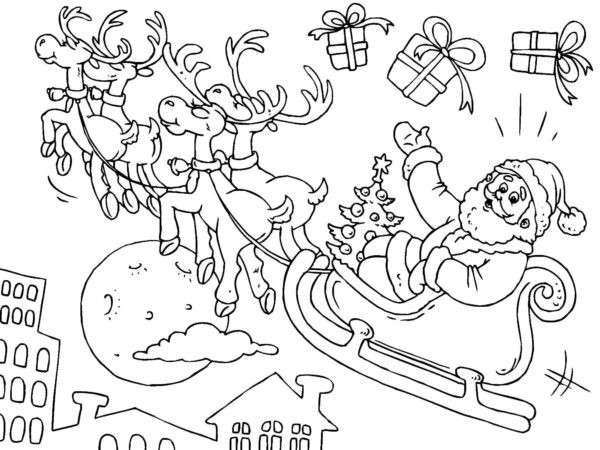 Mikołaj leci swoimi saniami kolorowanka do druku